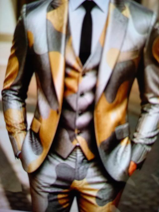 ENSEMBLE HOMME  OR ARGENT  MOTIF ABSTRAIT BLAZER GILET  PANTALON  POUR SOIRÉE  FORMEL  TAILLE :M  L 